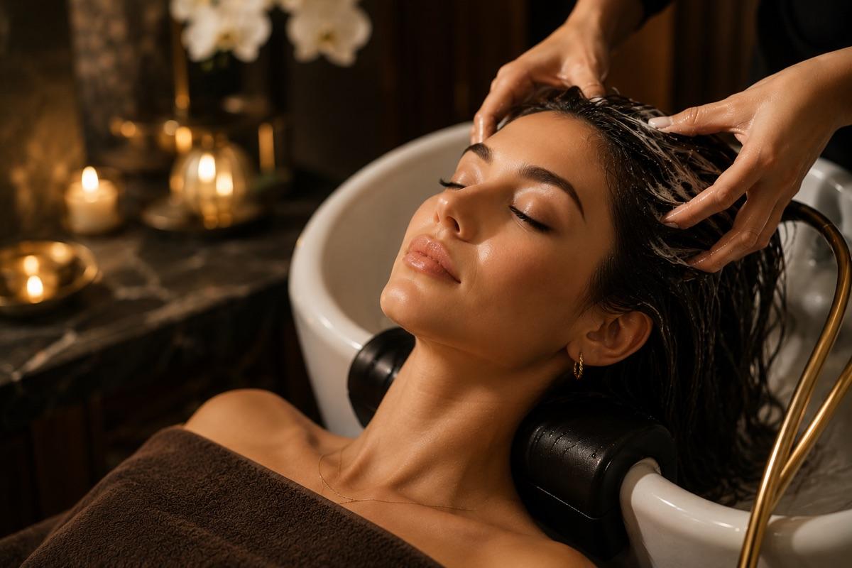 A guest receiving a shampoo and scalp massage during the Gina K Revitalize Treatment