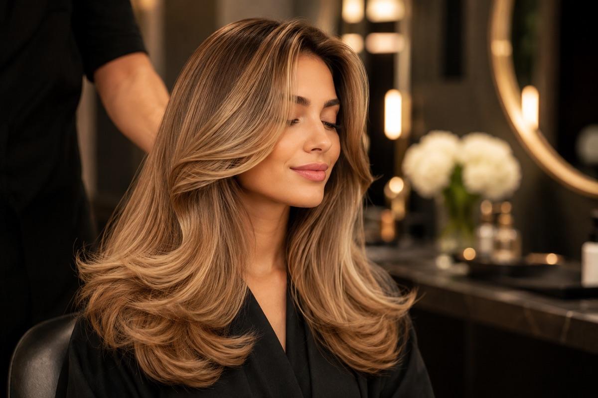A guest with a freshly styled blowout at Gina's K Head Spa